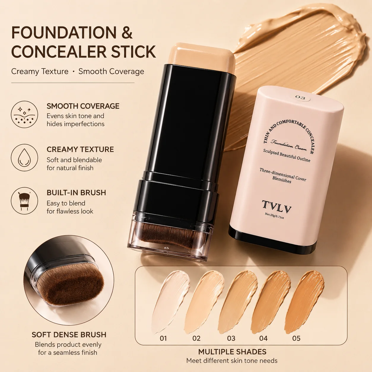 2-in-1 Concealer Foundation Stick Velvet Finish Smooth Fit Face Contour Shading Balm Daily Gentle Cosmetics Professional Pen