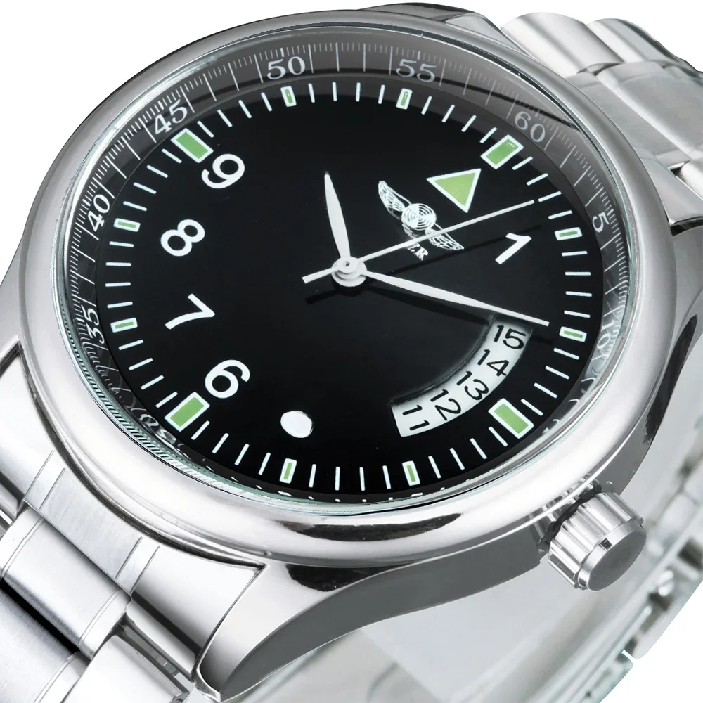 WINNER Business-Automatikuhr für Herren, modischer Kalender, schwarzes minimalistisches Zifferblatt, mechanische Uhren, Edelstahl-Lederarmband