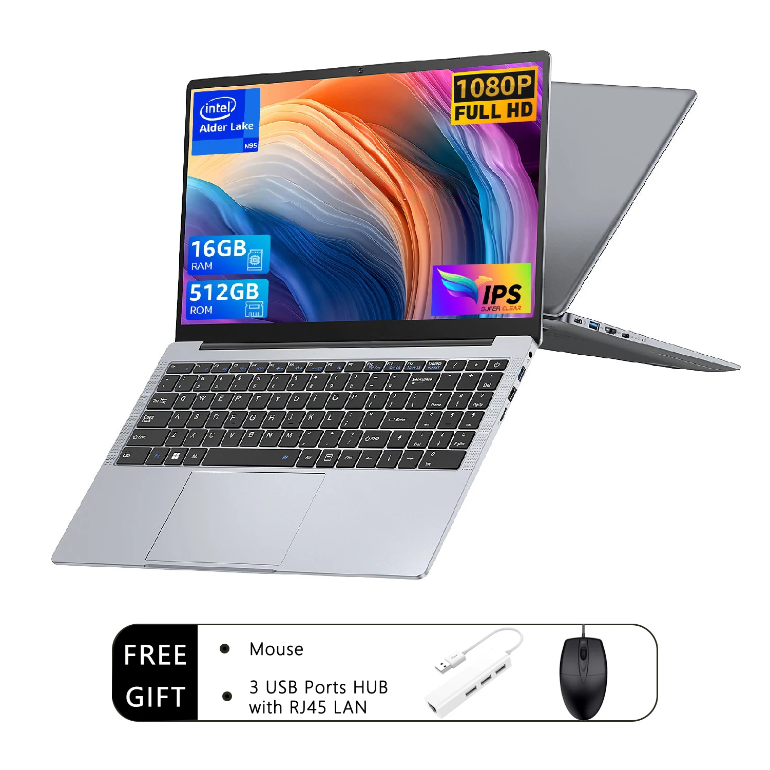 2025 Nowy ultracienki laptop 15,6 cala 16 GB RAM 512 GB SSD Intel N5095 Przenośna lekka podświetlana klawiatura z czytnikiem linii papilarnych Windows 11