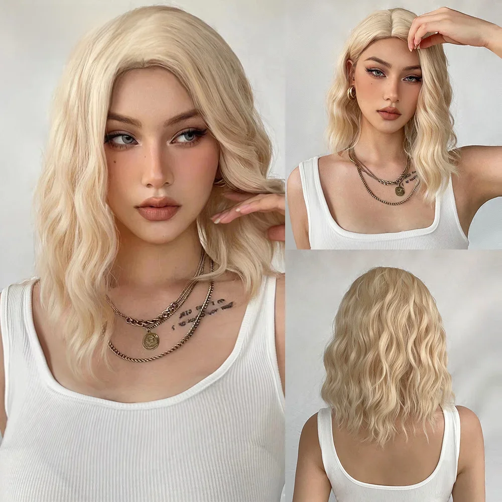 Easyhair jesion blond krótkie Bobo środkowa część synetetyczne naturalne peruki falowane z grzywką dla kobiet codzienne włókno termoodporne Cosplay — zdjęcie 2