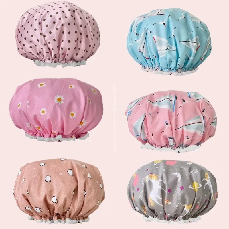 Bonnet de douche étanche imprimé Double couche, couvre-cheveux élastique, réutilisable, Point ondulé, fournitures de salle de bains, 1 pièce