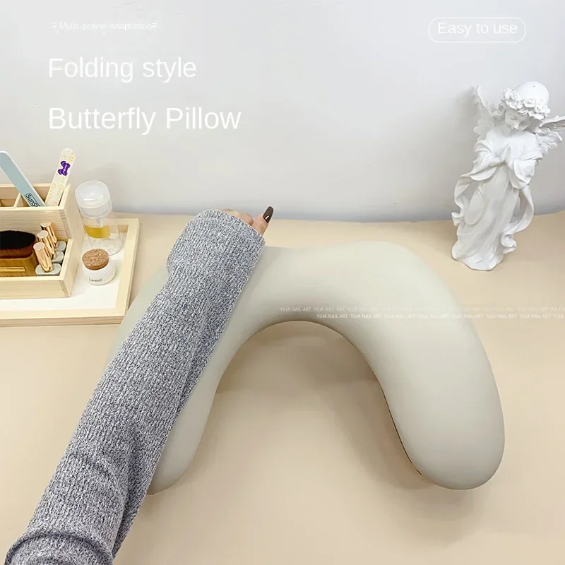 Russian Manicure Hand Rest U Shape Butterfly Design Foldable Leather Cushion Professional Nail Salon Table Pad Ergonomic Support