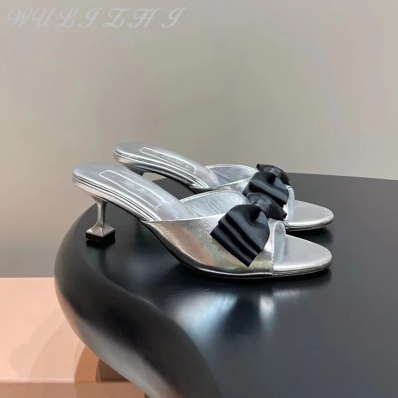 

Summer Women Casual Bow High Heel Slippers Patent Leather Comfortable Glossy Cat Heel Peep Toe Sandals Dress Shoe 5.5cm