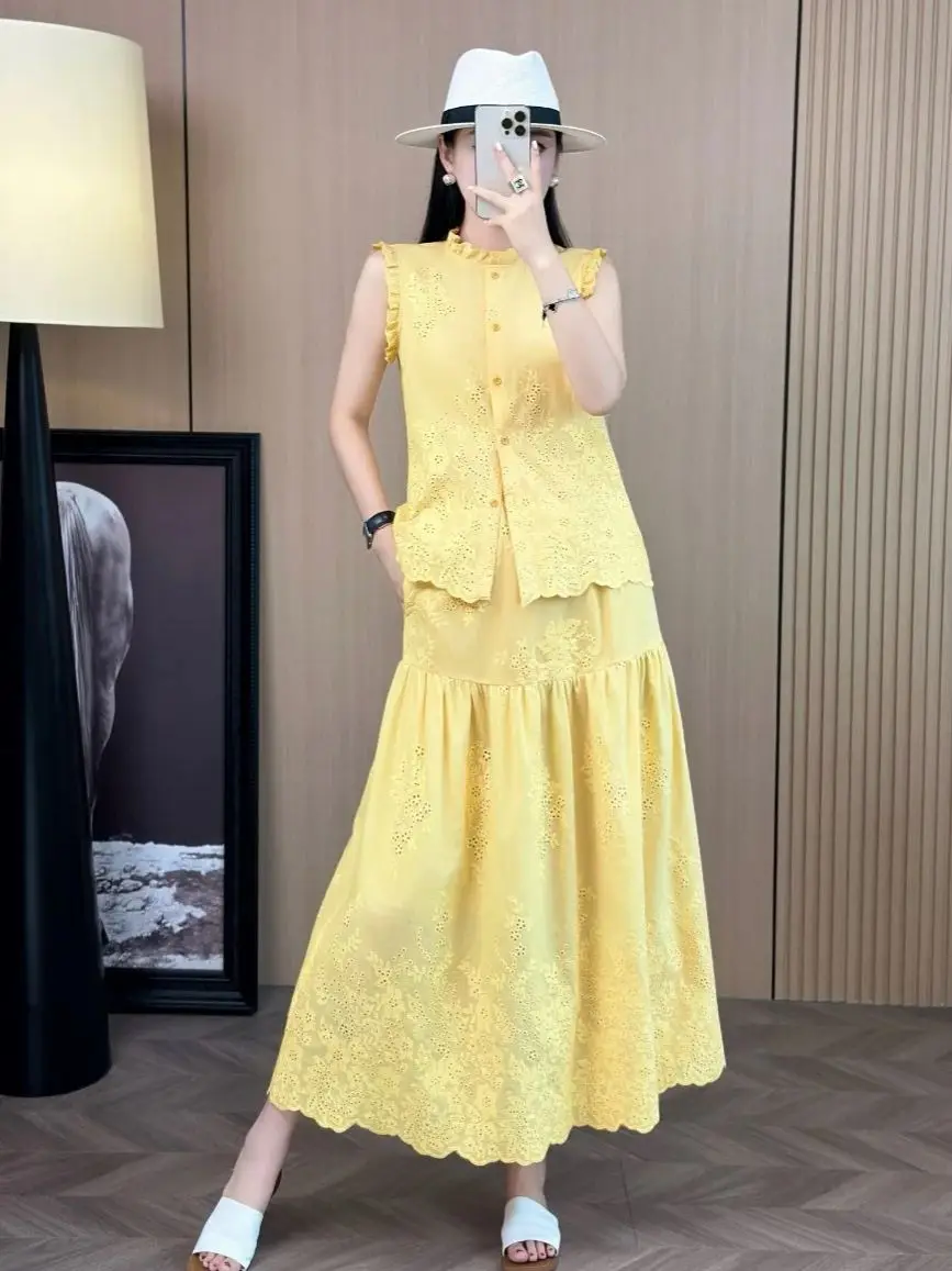 

Summer casual elegant women's embroidered cotton skirt suit