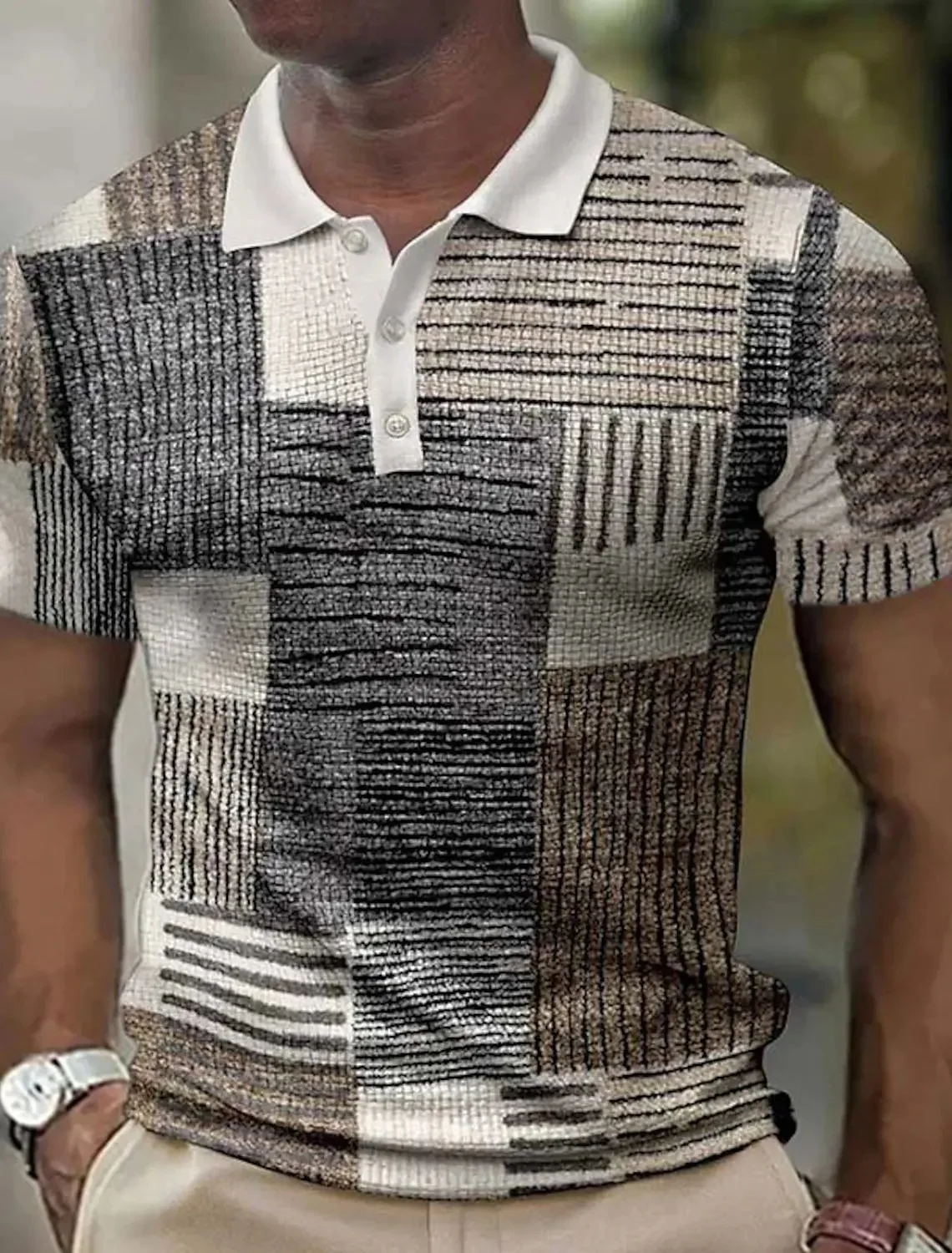Polo à manches courtes pour hommes, chemise de Golf, motif bloc de couleurs imprimé, manchette géométrique, Design de mode de rue en plein air, décontracté, respirant