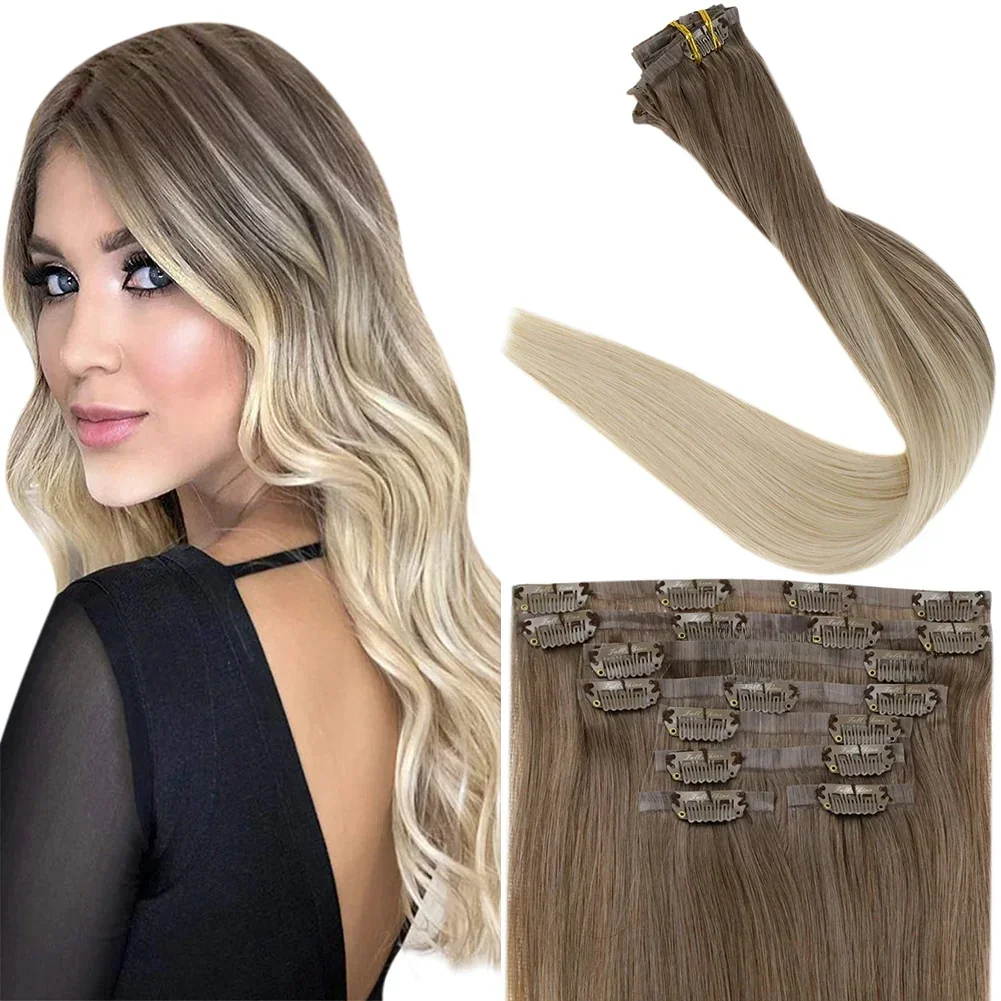 Volledige glans naadloze onzichtbare clip-in extensions menselijk haar 8 stuks 120 g remy balayage blonde kleur - afbeelding 2