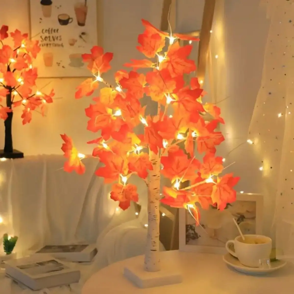 1pc Maple Leaf White Birch Decoration Thanksgiving Tree Light, Pastoral Style LED Simulation Landscape Light, Battery Powered