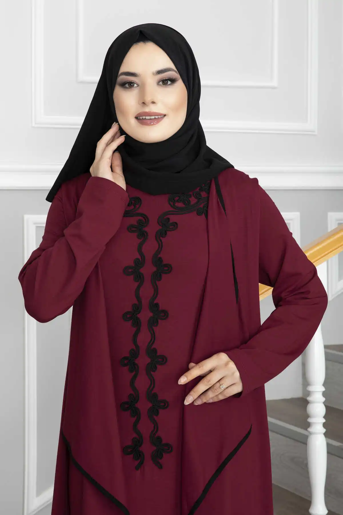 Women Clothing Vest Look Combed Hijab Dress Abaya Muslim Long Sleeve Maxi Lace Polka Dot Stitch Islamic Middle East Dubai Kaftan