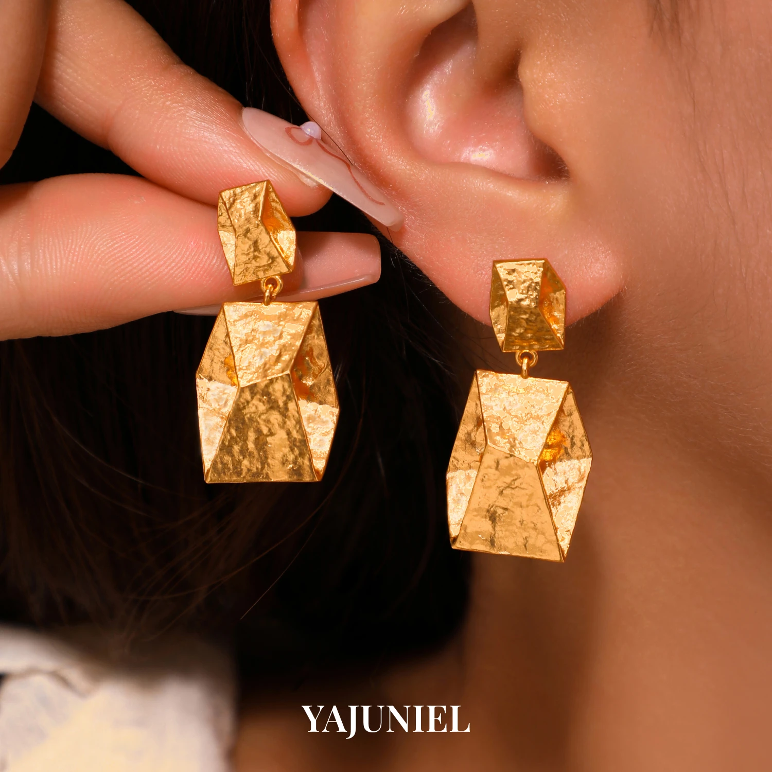 YAJUNIEL 24K Gold Plated Geometric Drop Earrings with Hammered Texture Hypoallergenic Faceted Rhombus Dangle Earrings for Women