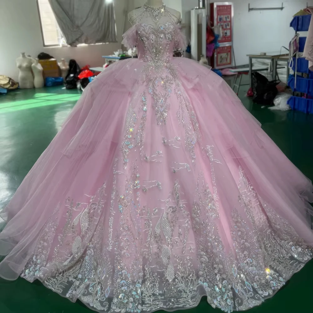 

2026 Gorgeous Pink Quinceanera Dress Crystal Lace Up Back Sequined Bow Vestido De 15