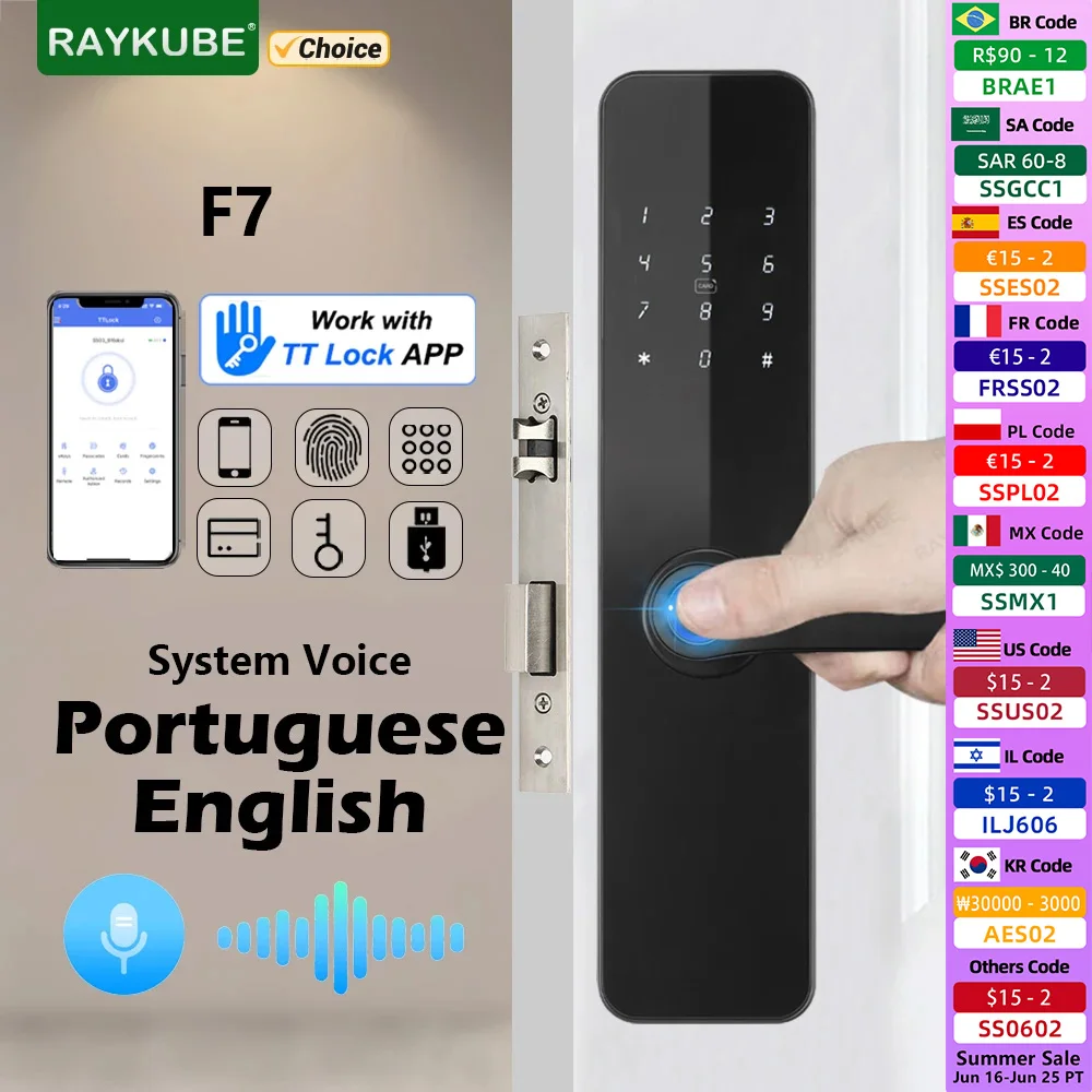

RAYKUBE F7 TT Lock Fingerprint Lock Electric Door Lock With Longer Larger Handle Portuguese/English Voice APP Remote Unlock
