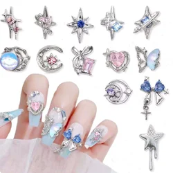 10Pcs Silver Pink Star Butterfly Nail Art Charms 3D Alloy Bow Pendant Shiny Heart Nail Rhinestones Luxury DIY Nail Accessories