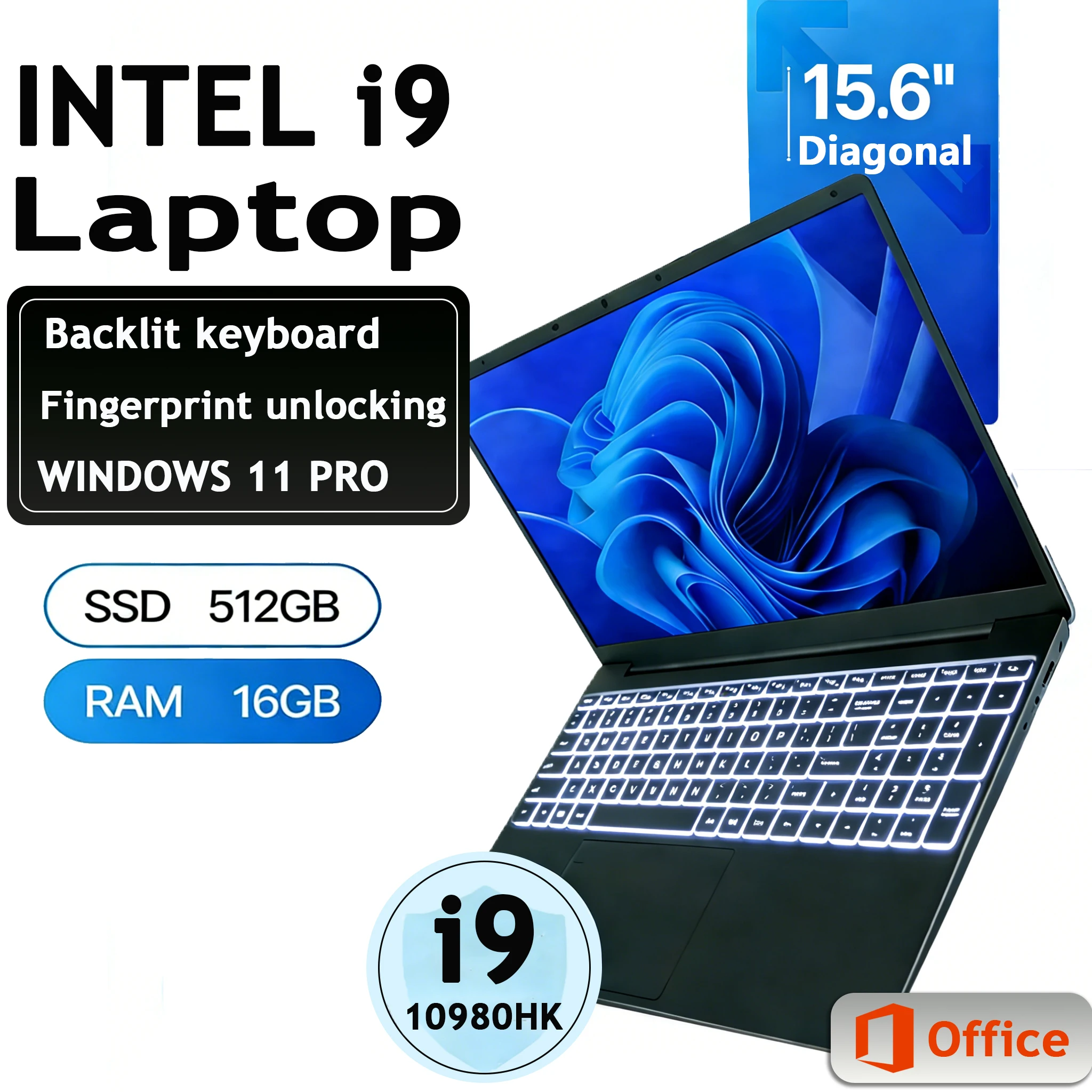 Ordinateur portable ultra-fin 15,6 pouces Windows 11 Pro Intel Core i9-10980HK, 16 Go de RAM, SSD 1 To/2 To, pour bureau mobile, Wi-Fi, Bluetooth, et jeux