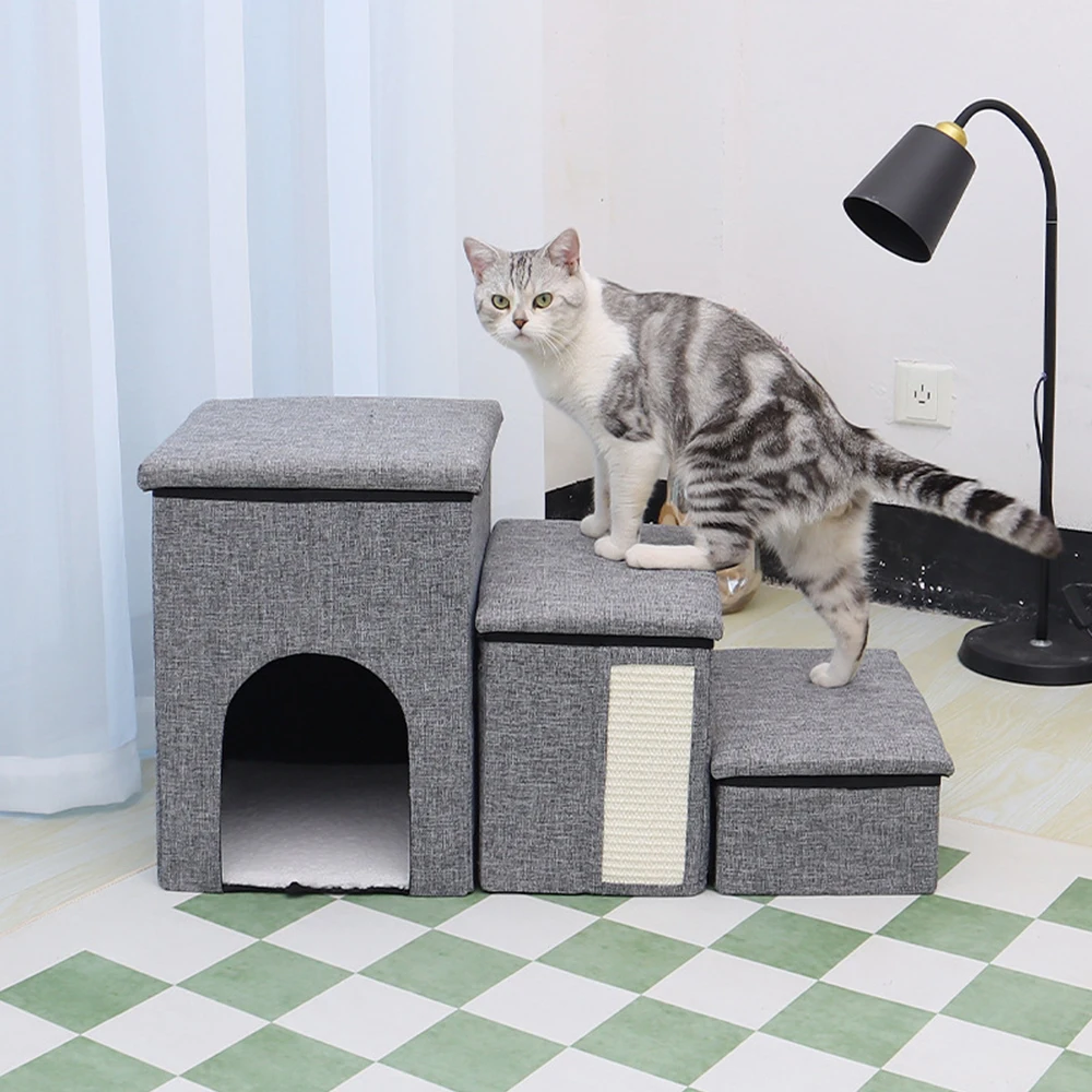 "Escalier chien chat 3 marches multifonction gris avec griffoir sisal et rangement intégré"
