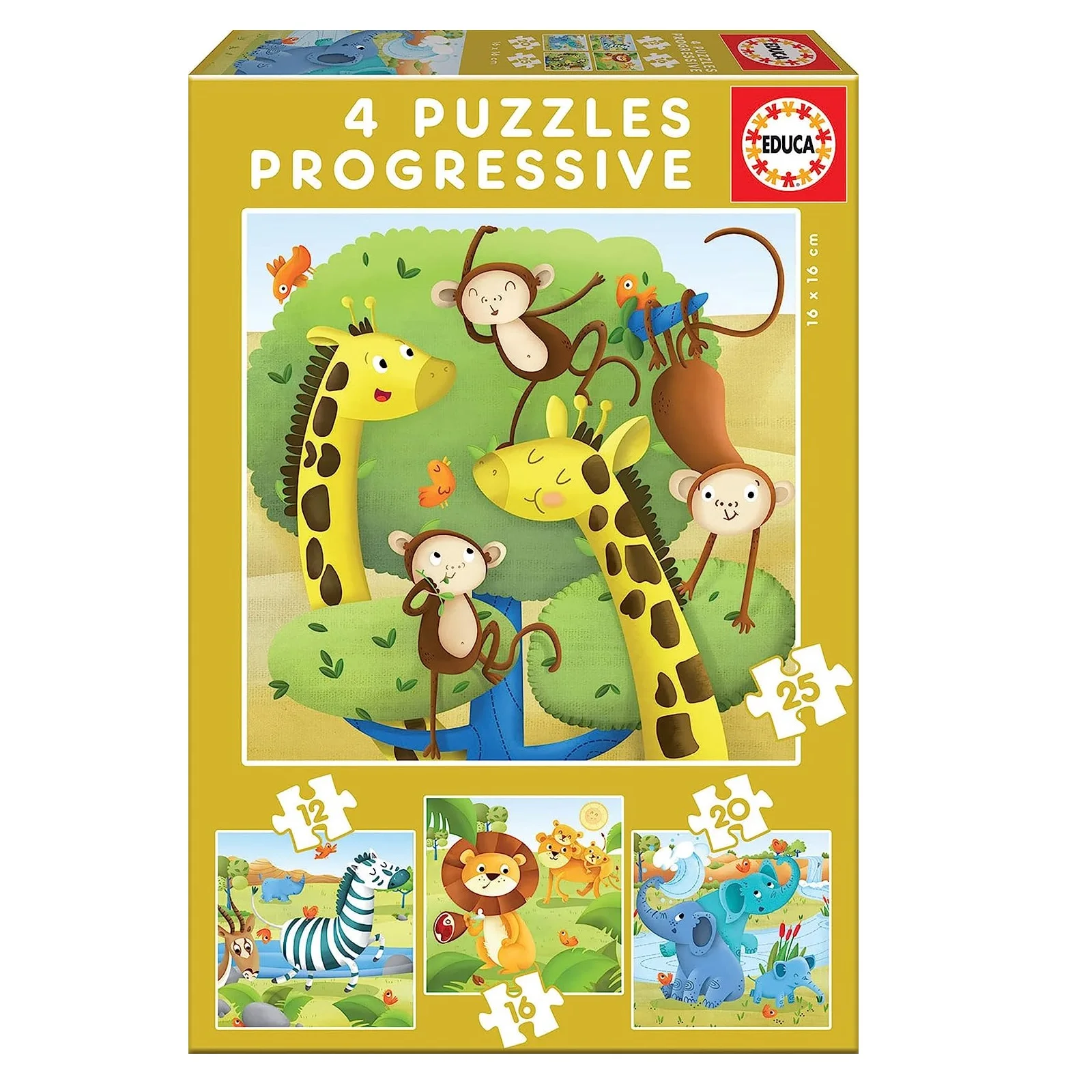 EDUCA, Set of 4 Progressive Puzzles with 12 - 16 - 20 and 25 Jungle Pieces, Assembled Size 16 x 16 cm., Environmentally Friendly Product, Optimal Piece Fitting, Recommended from 3 years