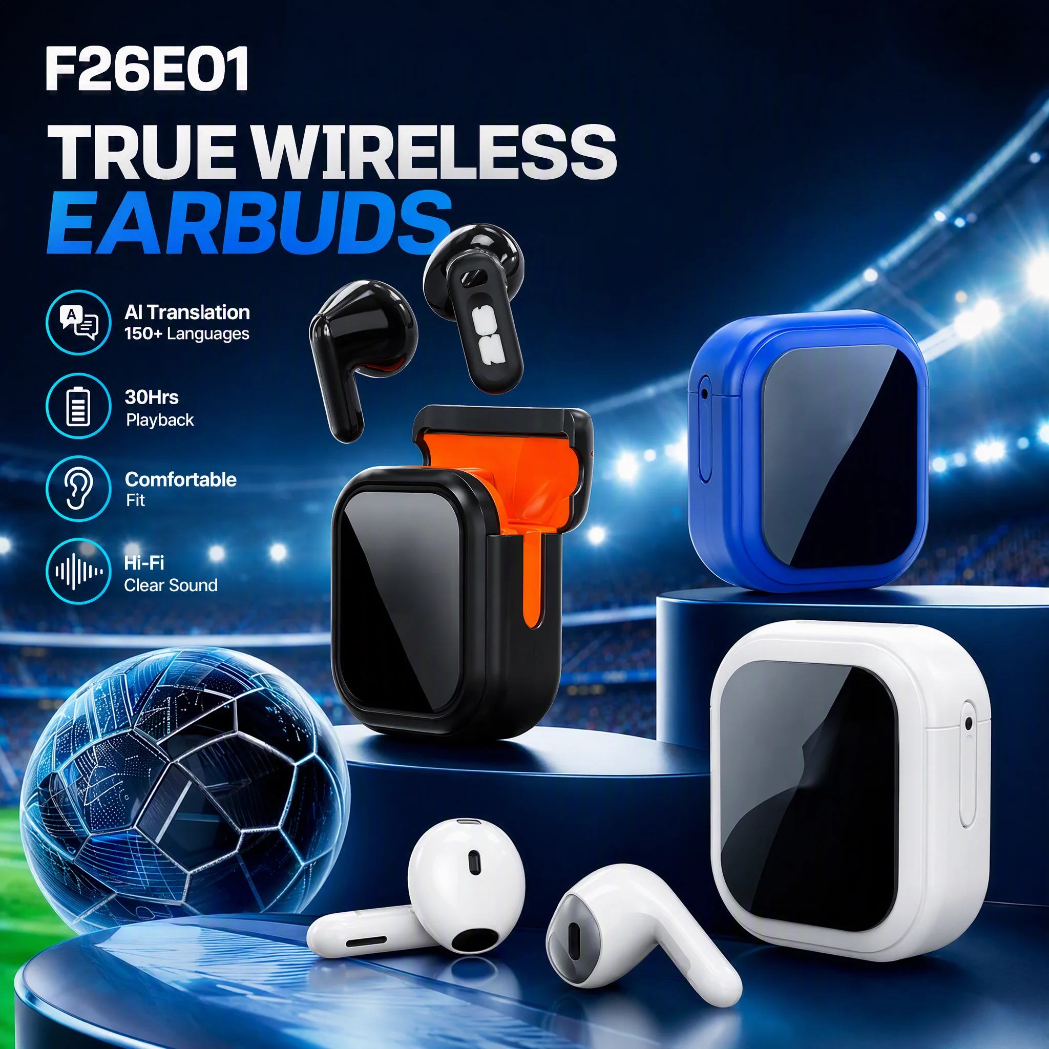 F26E01: auricolari intelligenti con traduzione assistita dall’intelligenza artificiale, qualità audio superiore, connettività Bluetooth wireless, supporto per oltre 150 lingue, autonomia della