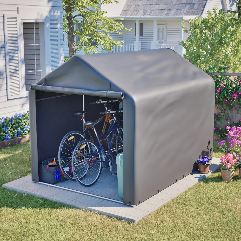 Waterdichte tuinschuur, motorfietsschuur, PE buitenfietsschuur, 160 × 220 × 165cm grijs roldeurontwerp, opslagtent, roldeur met rits, opslagplaats voor fietsen en gereedschap.