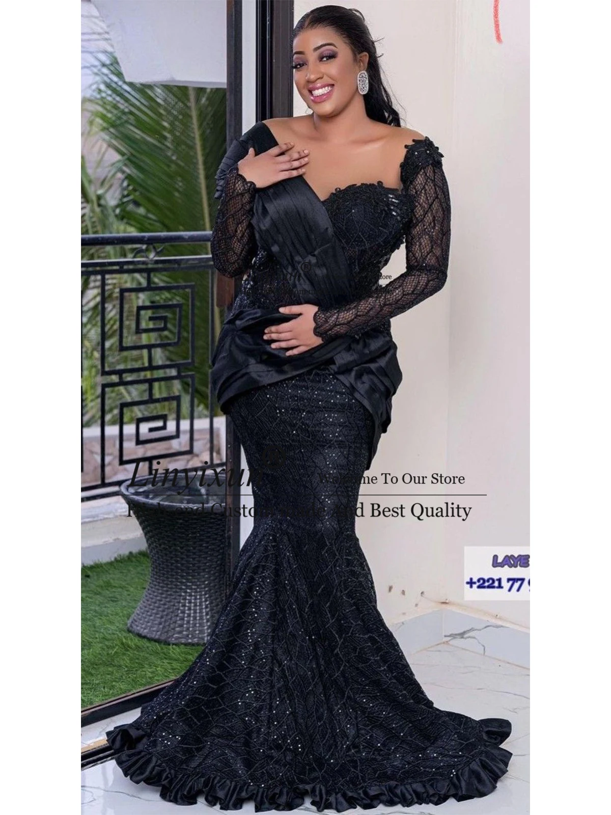 Aso Ebi Lace Mermaid Prom Dresses For Women 2023 See Through Long Sleeves Sweetheart Evening Dress Sweep Train Robe De Soiree