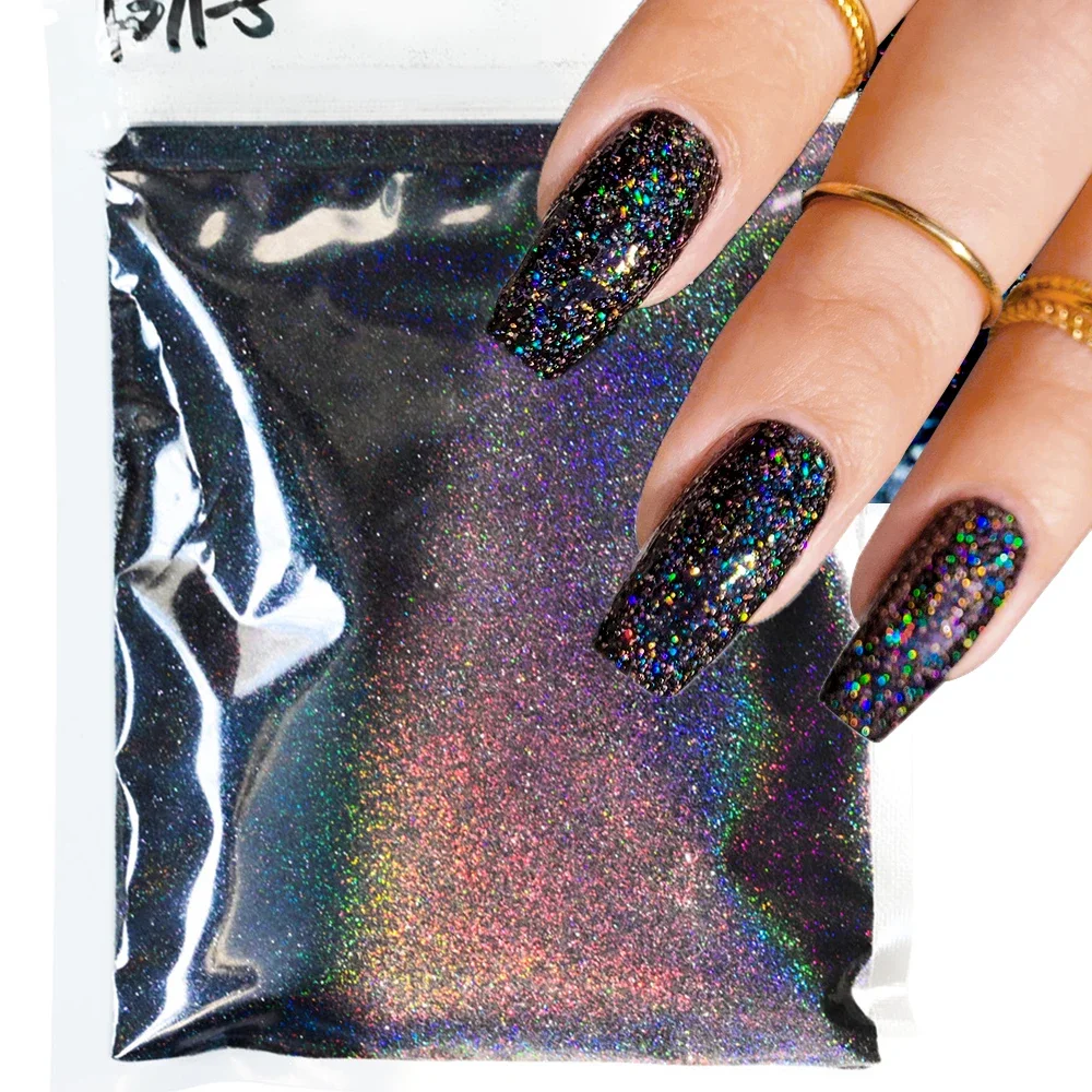 Paillettes holographiques noires pour ongles, 10 g/sac, sucre blanc, effet de revêtement en poudre, Pigment de trempage, décoration pour Nail Art, poussière scintillante