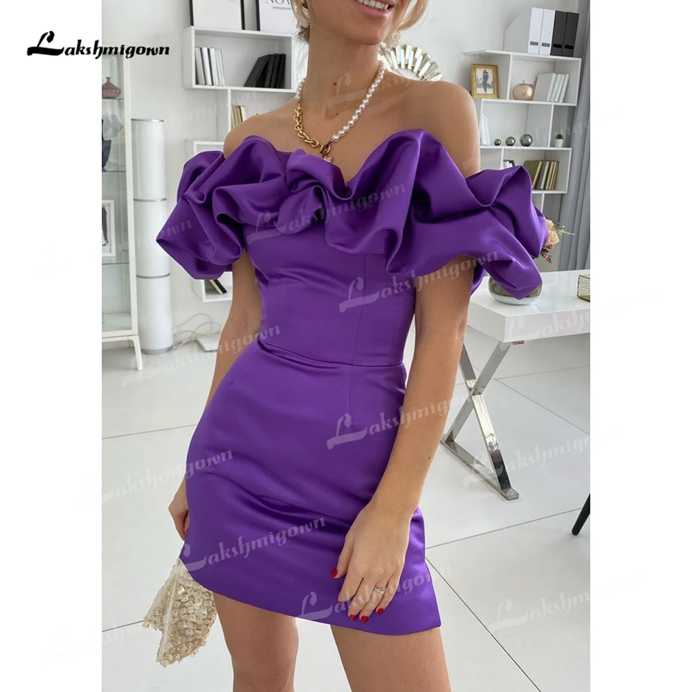 

Sheath Column Off-the-Shoulder Sleeveless Satin Short Mini Homecoming Dress With Ruffles Customized homecoming dresses vestidos