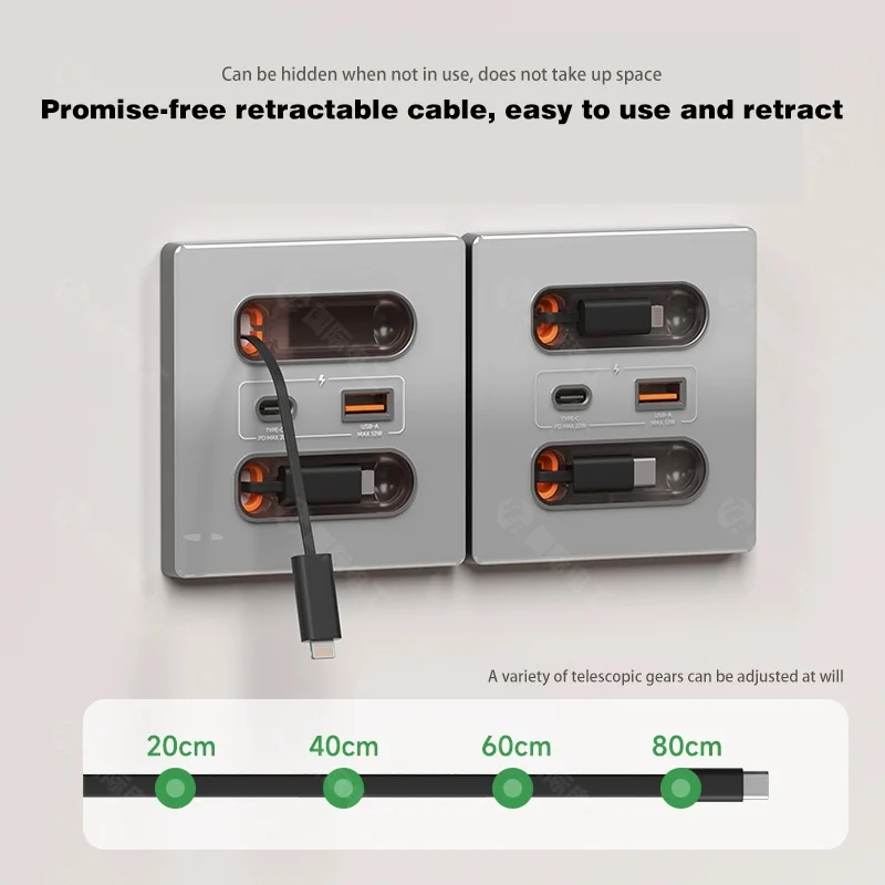 Anssin 12 واط مقبس لوحة الحائط العالمي مع Usb-A Usb-C كابل شحن قابل للسحب ، الهاتف المحمول اللوحي شحن نوع C المخرج #3