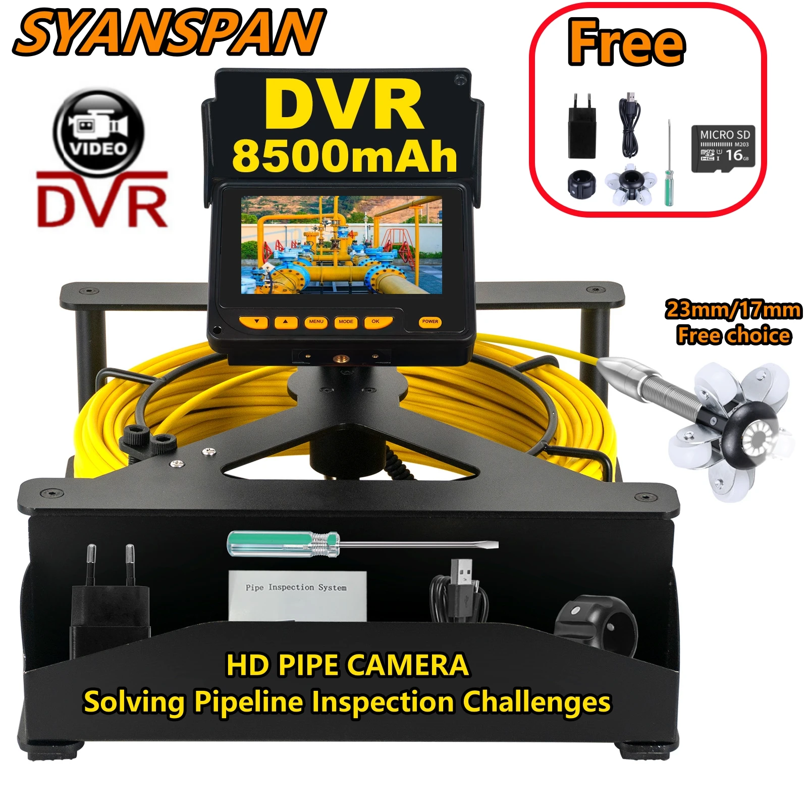 

SYANSPAN DVR 16GB Card 8500mAh Battery Capacity HD Pipeline Camera IP68 Industrial Drain Sewer Pipe Inspection Camera Endoscope