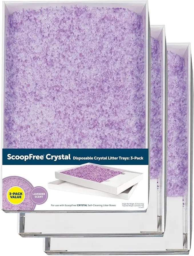 Crystal Cat Litter Tray with Lavender Scent, 4.3 Lb Refill Bags, Pack of 3, Scoop-Free Litter Solution