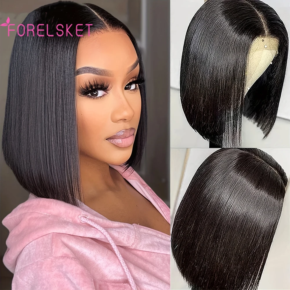 FORELSKET-Perruque Bob Lace Closure Wig Naturelle, Cheveux Courts, 4x4, 150% de Densité, Pre-Plucked, avec Baby Hair, pour Femme