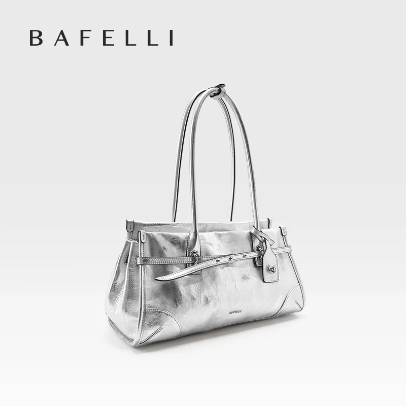 ​​Silver Moto Crossbody Bag - Genuine Leather Shoulder Purse for Women Summer Commute Tote with Minimalist Design