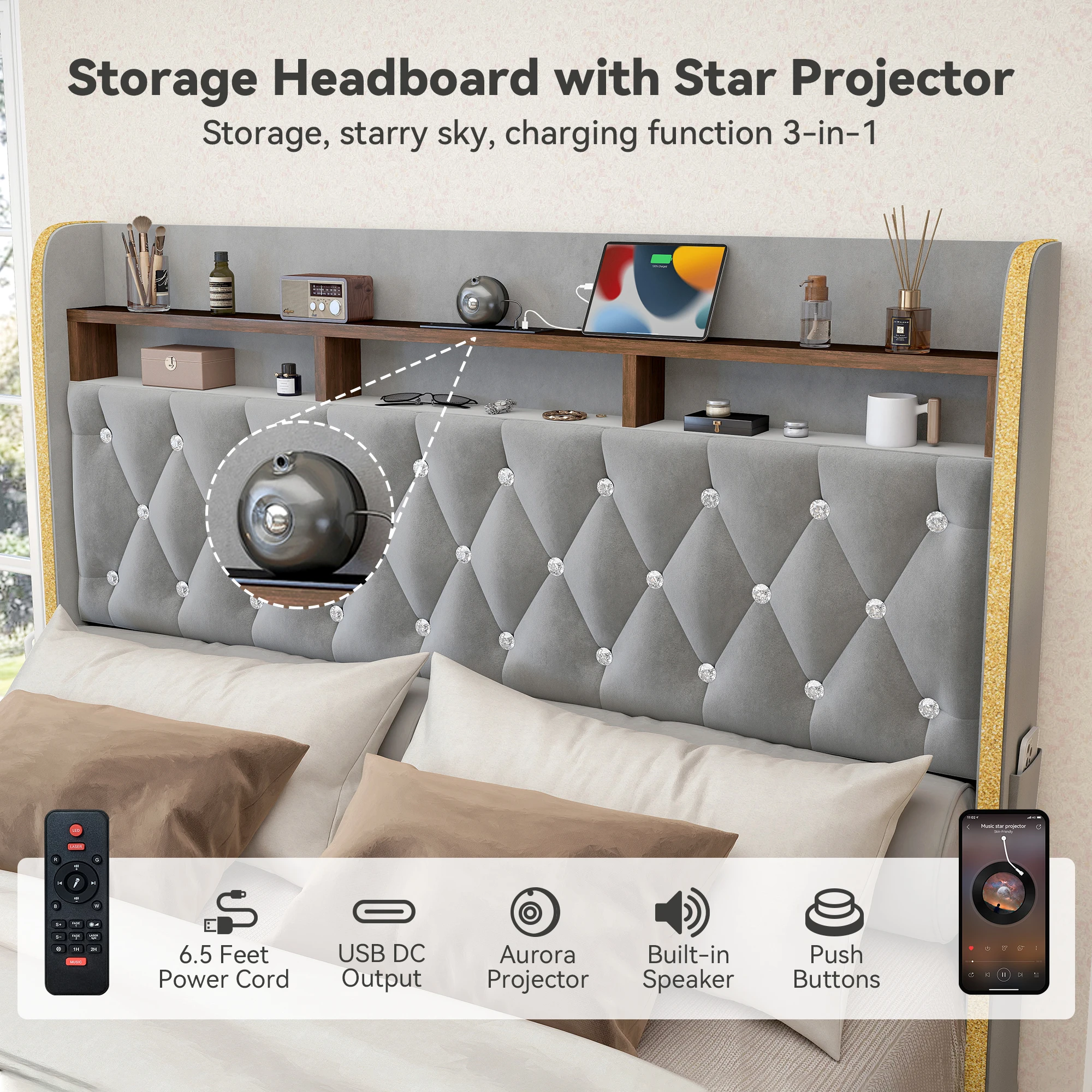 LED Bed Frame with Storage Drawers, Star Projector, Charging Station & Speaker, PU Leather/Velvet Platform, Noise-Free 3