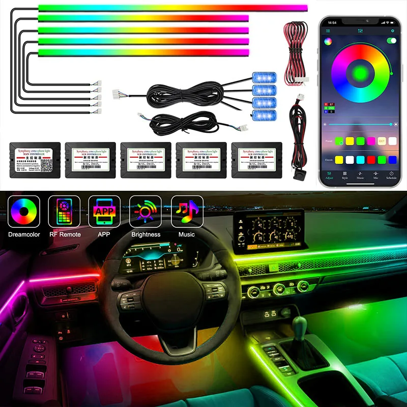 Car Ambient Lights Accessories Universal Auto Interior Neon Colorful Led App Contro 64 RGB Acrylic Lamps Strip 18 in 1