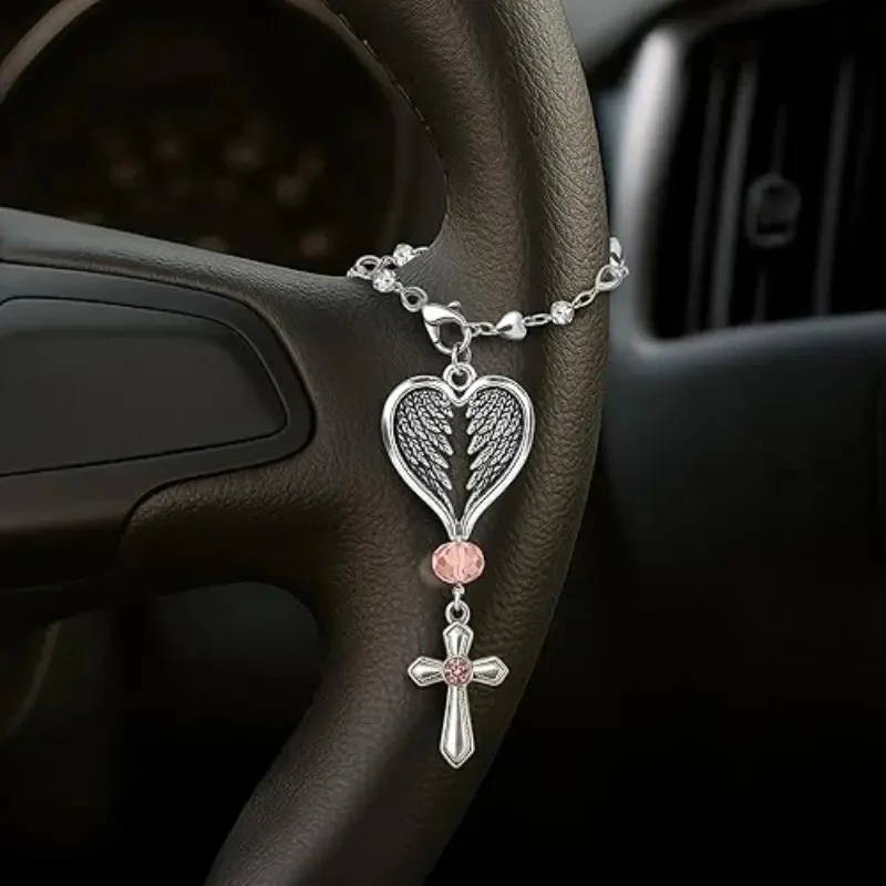 Guardian Heart Wing Cross Charm - Car/Steering Wheel/Handbag Pendant Silver Tone With Pink Crystal Elegant Decor For Auto Interior & Bag Accessory