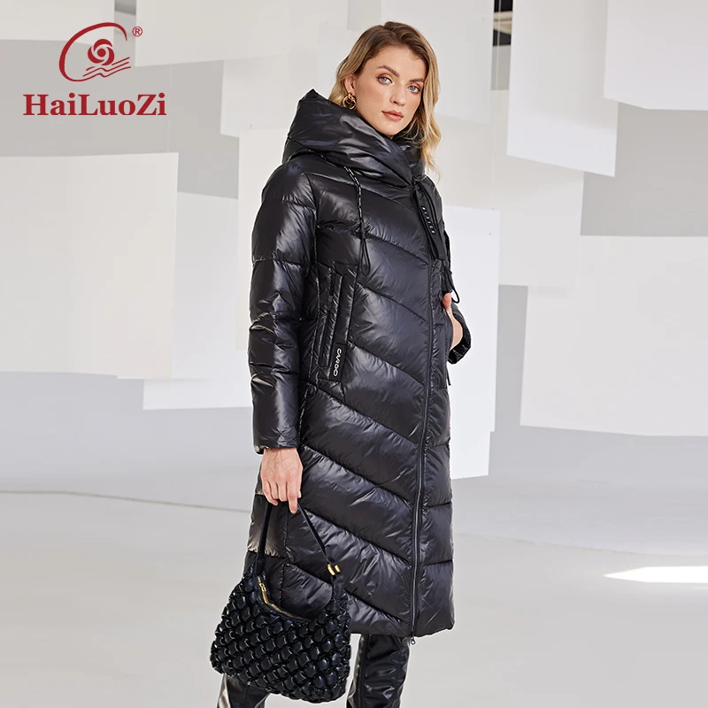 HaiLuoZi 2022 New Women\'s Winter Jacket Long Warm Windproof Hooded Zipper Quilted Casual Bio-Cotton Lady Parkas Women Coat 6055