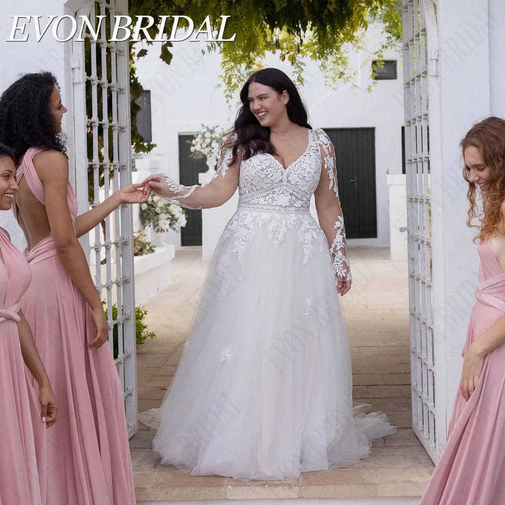 

EVON BRIDAL Plus Size Lace Wedding Dress Detachable Sleeves V-Neck Button Robe De Mariée Elegant Applique A-Line Bride Gown