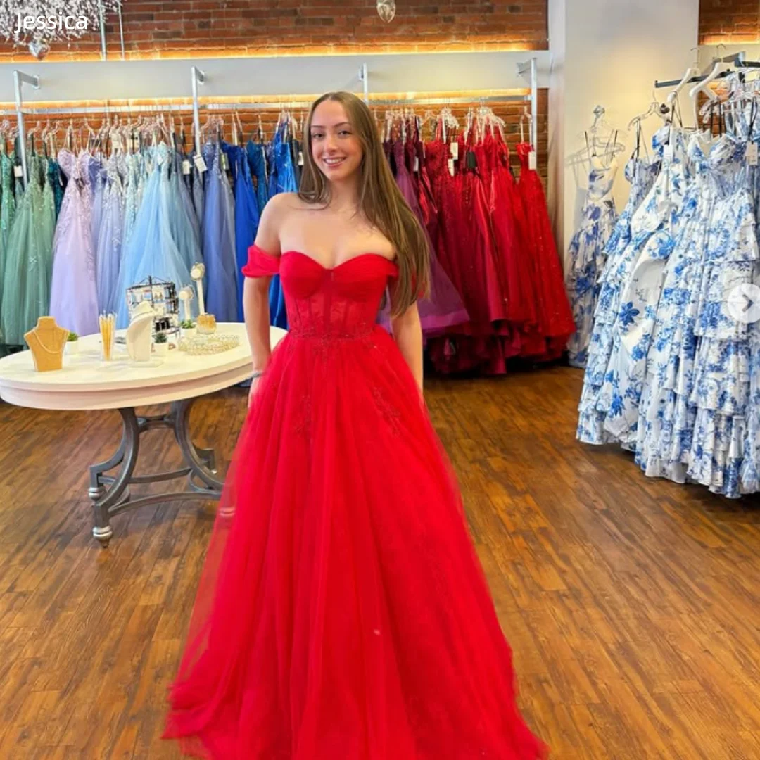 

Jessica Lace And Sheer Fabric Evening Dresses Gorgeous Red Prom Dresses Off-the-shoulder A-line Formal Occasions Party Dresses