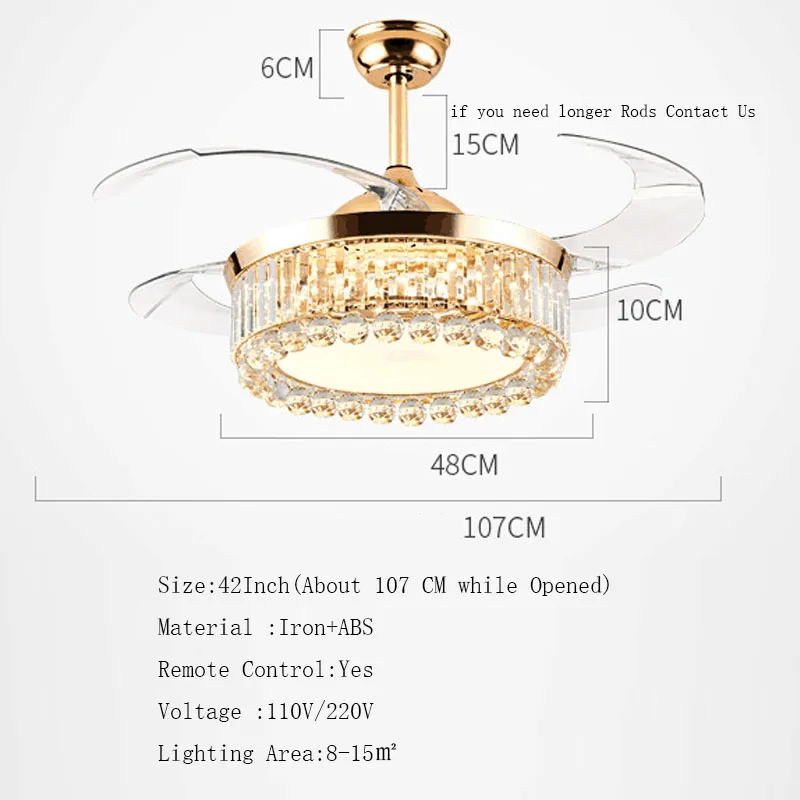 LED 럭셔리 골드 크리스탈 천장 팬, 북유럽 홈 장식 팬 조명, 42 인치 원격 제어, 110V, 220 V