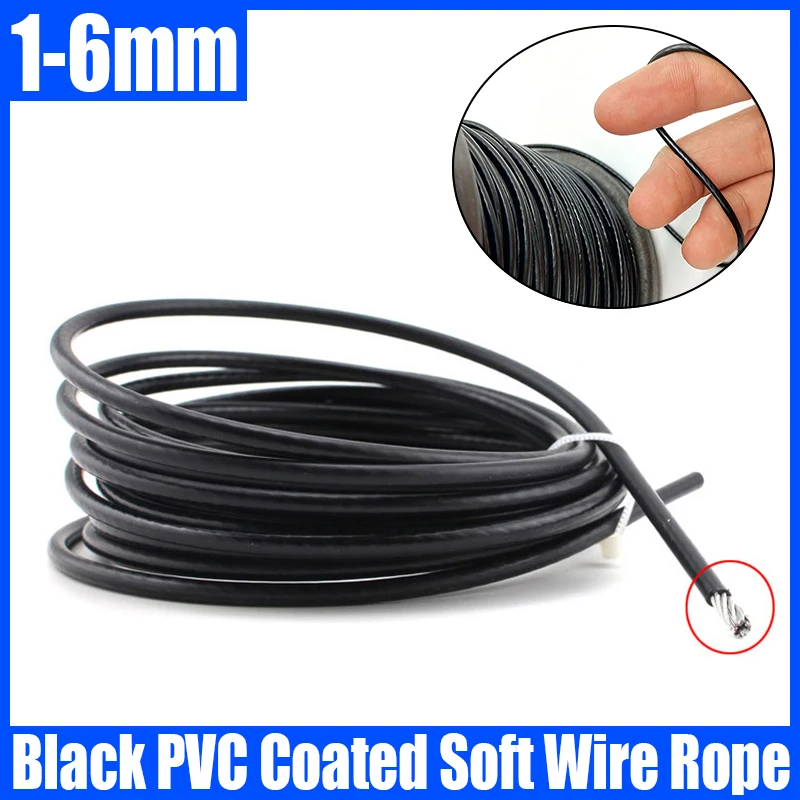 L=1-10 Meters Diameter 1mm-6mm 304 Stainless Steel Black PVC Coated Wire Rope 7*7/7*19 Structure Soft Wirerope Steel Wire