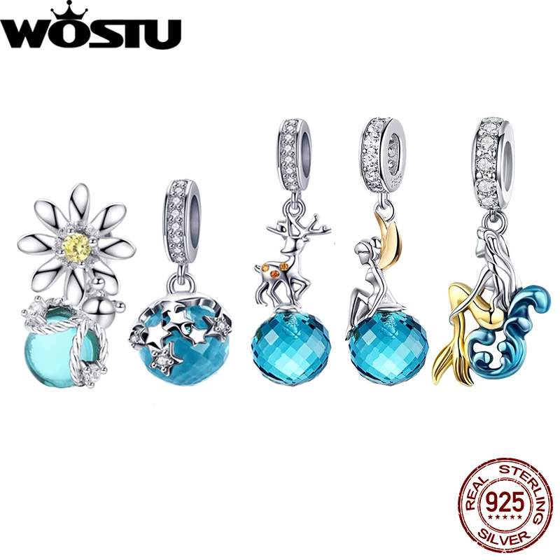 

WOSTU 925 Sterling Silver Ocean Blue Crystsal Charms Pendant Mermaid Angel Wing Flower Beads Fit For Original Bracelets Necklace