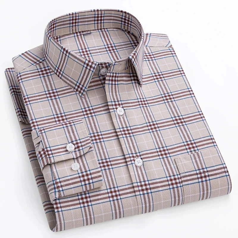 Chemises à manches longues pour hommes, coupe couvertes, chemise formelle unie, vêtements d'affaires rayés à carreaux doux, 100% coton, grande taille, nouveau, 14XL