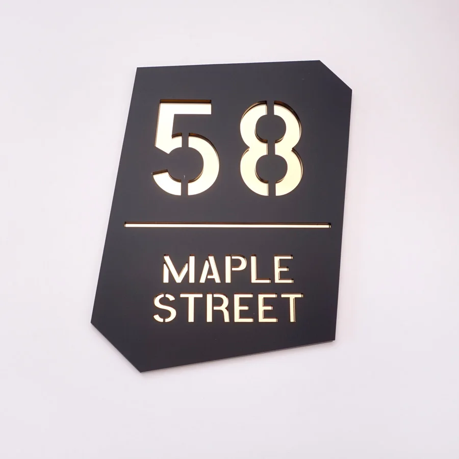 

Custom Architectural Style Black Acrylic House Number Sign with Gold Mirror Backing Modern Irregular Shape Address Plaque for O