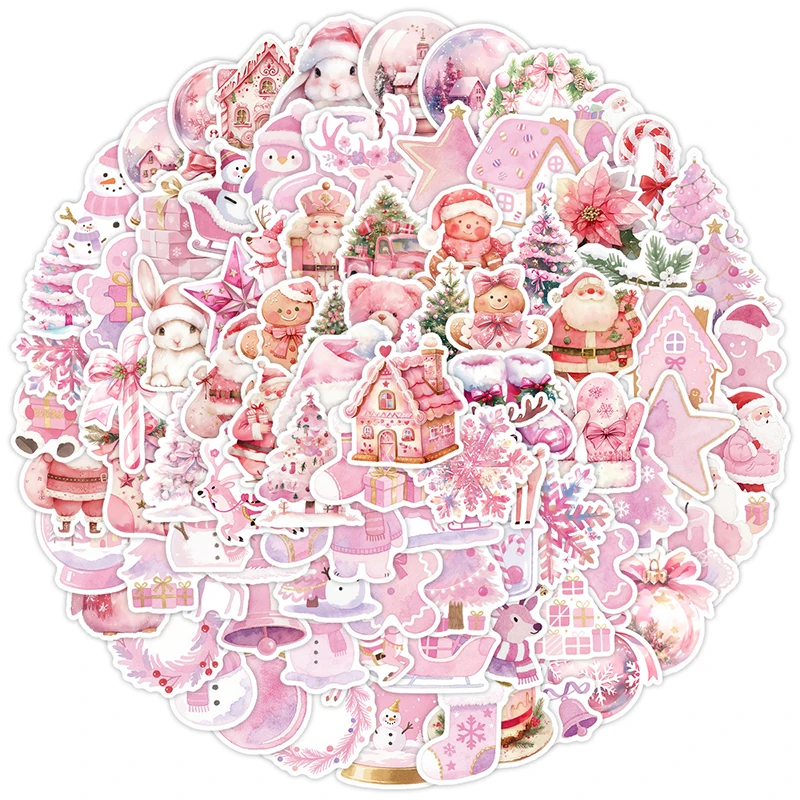 100PCS Pink Christmas Aesthetic Stickers Cute Pink Vintage Christmas Party Sticker Retro Santa Claus Graffiti Decals Scrapbook