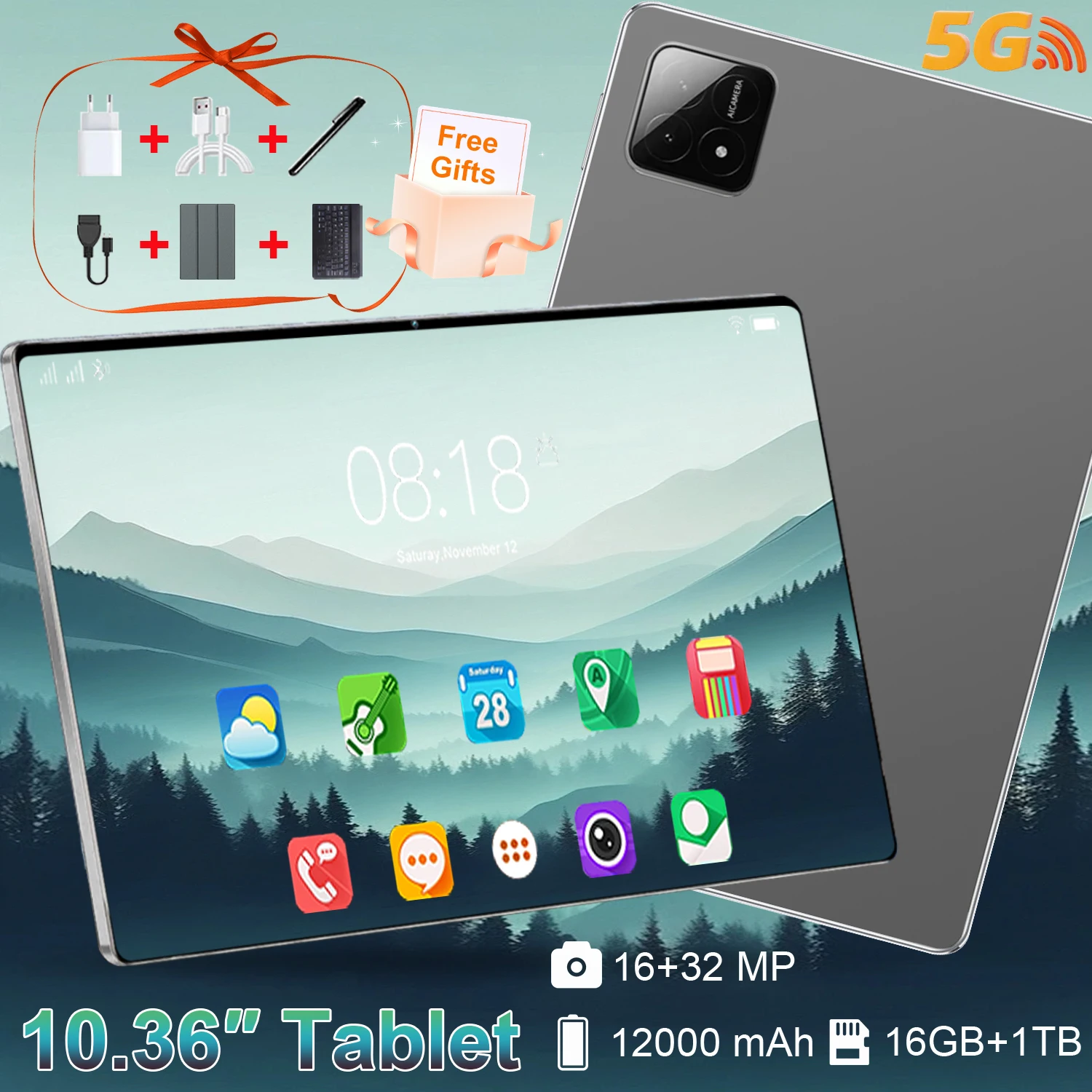 Tablet PC de 10.36 pulgadas, Android 13, chipset de 10 núcleos, 16 GB de RAM, 1 TB de ROM, batería de 12000 mAh, 5G, doble SIM, Wifi