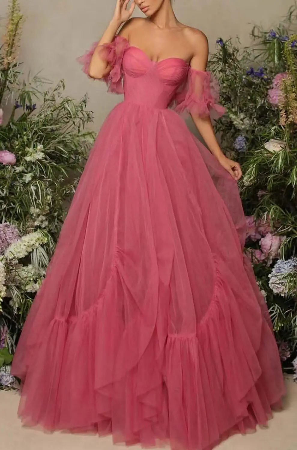 Off Shoulder Tulle Prom Dress Ruffle Puffy Ball Gowns A Line Backless Formal Evening Party Sweetheart Neckline Wedding Dresses