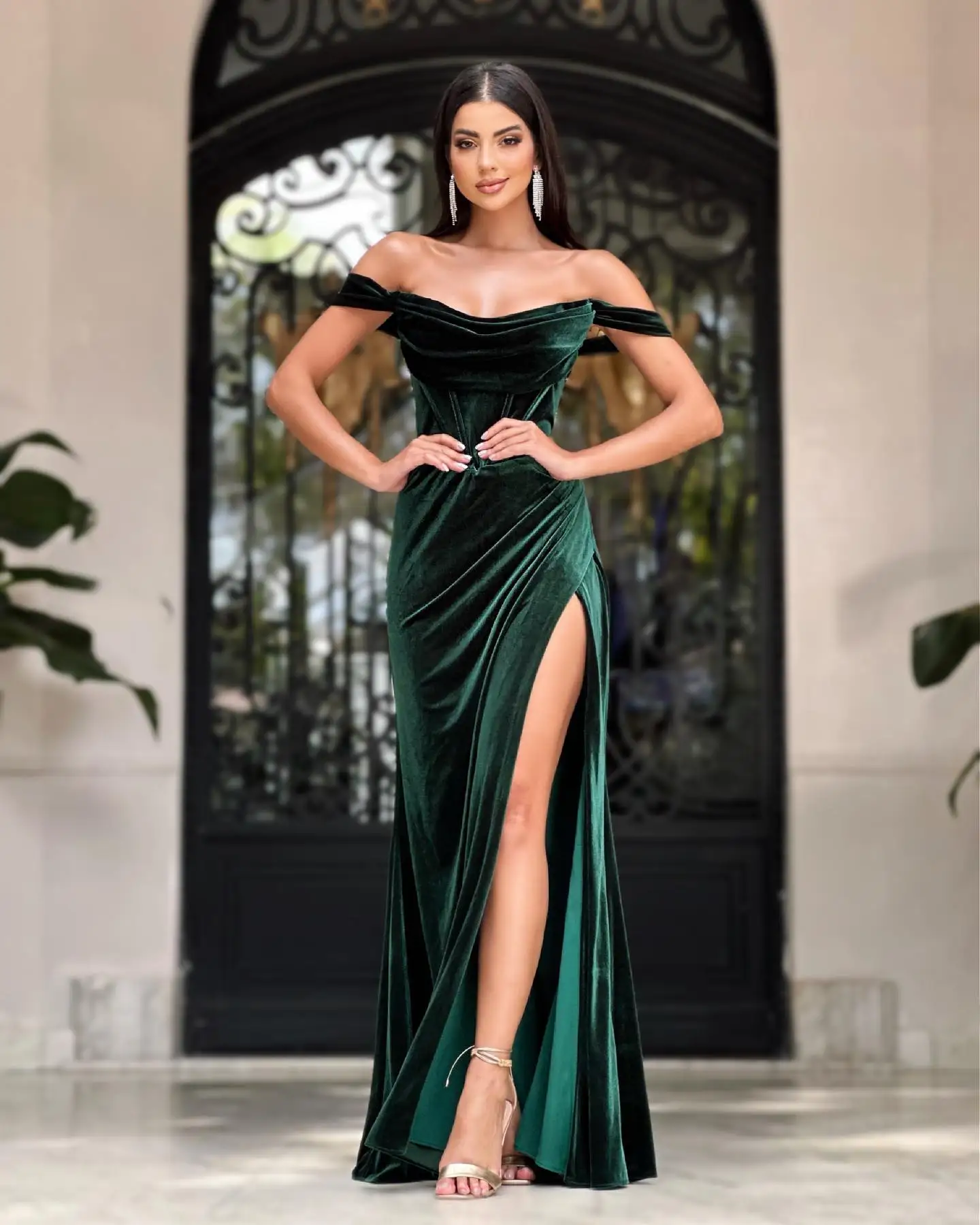 

Off The Shoulder Velvet Prom Dresses High Slit Mermaid Formal Evening Gowns Long Bridesmaid Dress Gala Dress Lightweight Satin