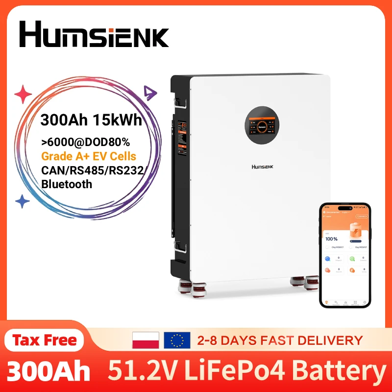Batería de Litio LiFePO4 Humsienk de 48V 300Ah con Bluetooth y Equilibrio Activo, 15.36kWh de Potencia para Almacenamiento de Energía en el Hogar, Sistema Solar