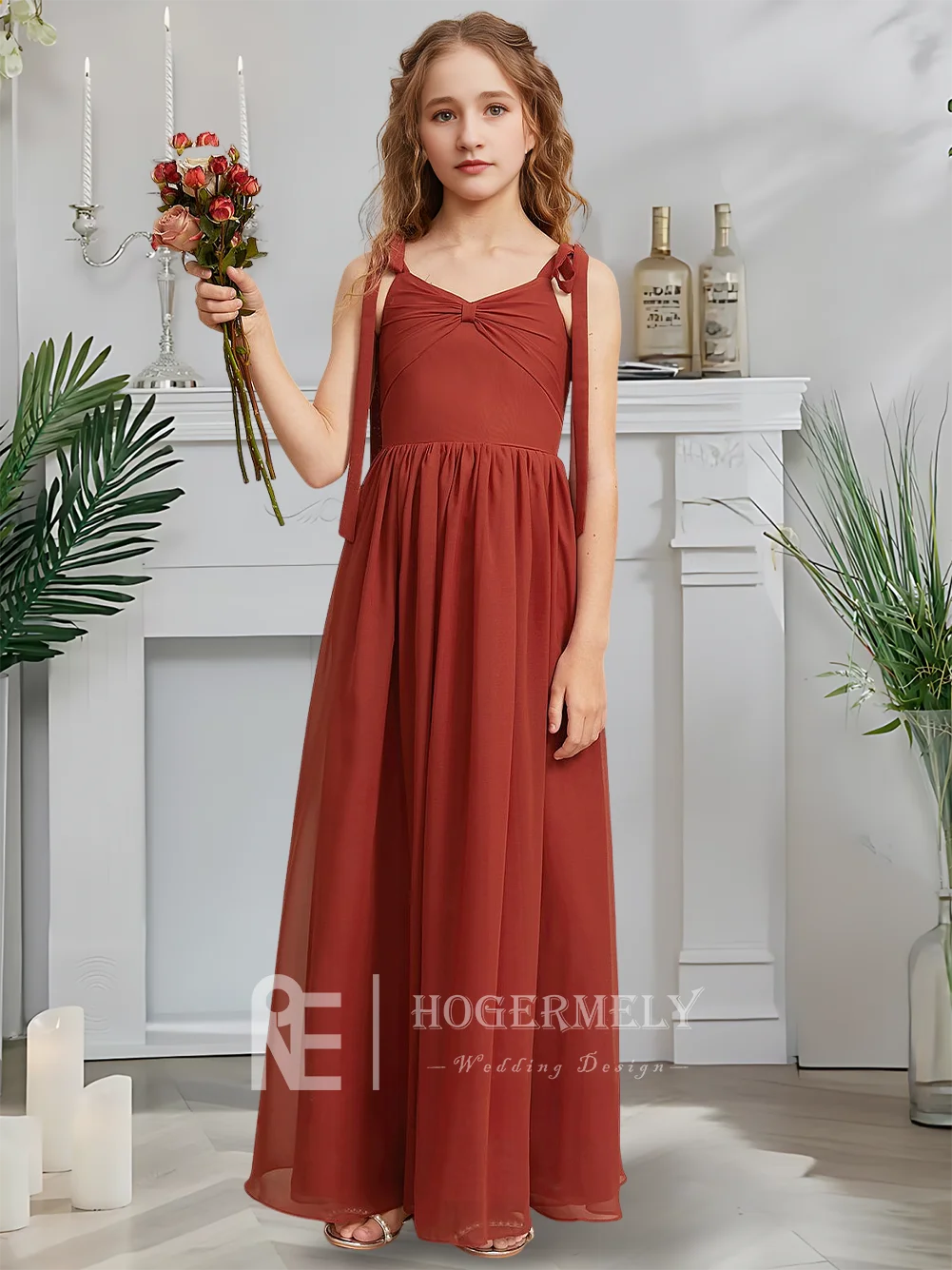 Дизайнерское платье трапециевидной формы для юных подружек невесты, платье с цветочным узором для девочек, с v-образным вырезом, длиной до пола, из шифона, для сада, гала-вечеринки