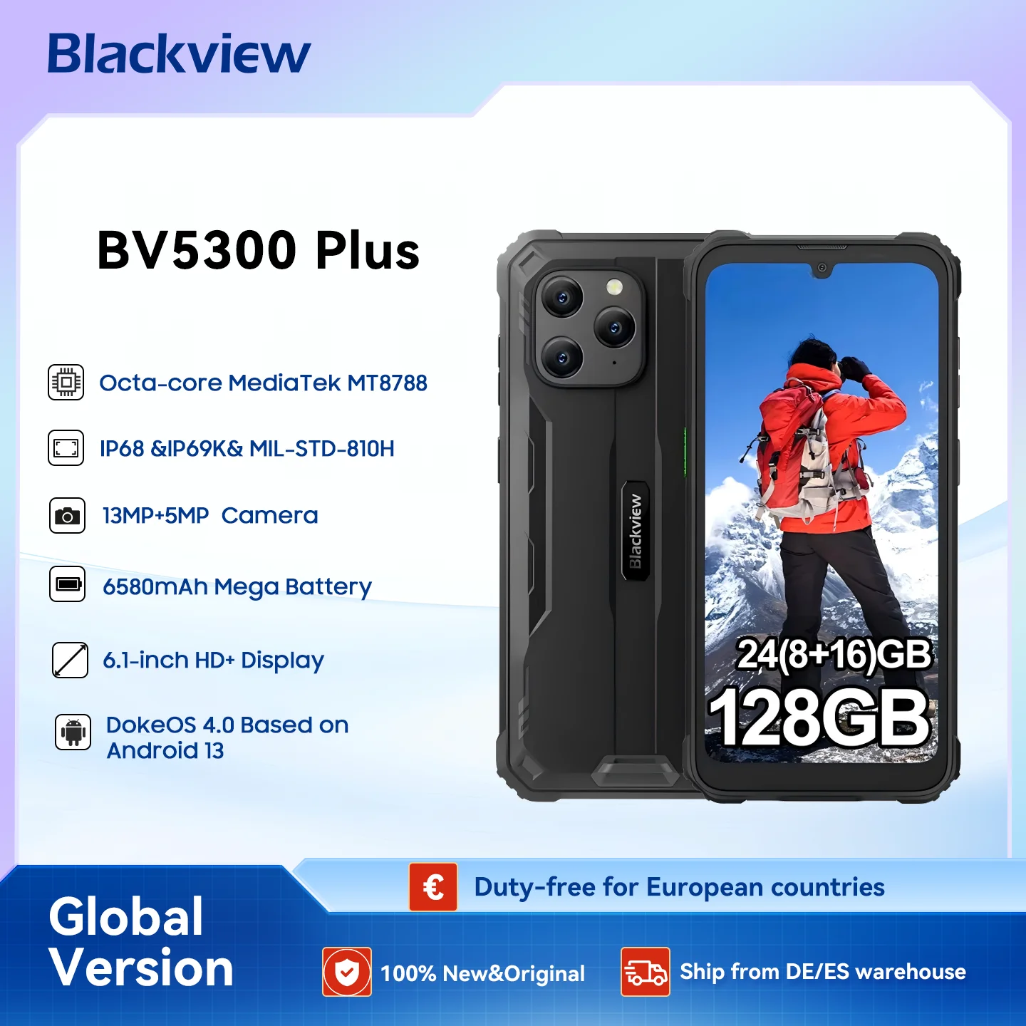 Blackview BV5300 Plus Smartphone robuste Android 13 octa-core G72 6.1 ''écran HD 8GB 128GB téléphone portable 13MP 6580mAh téléphone portable