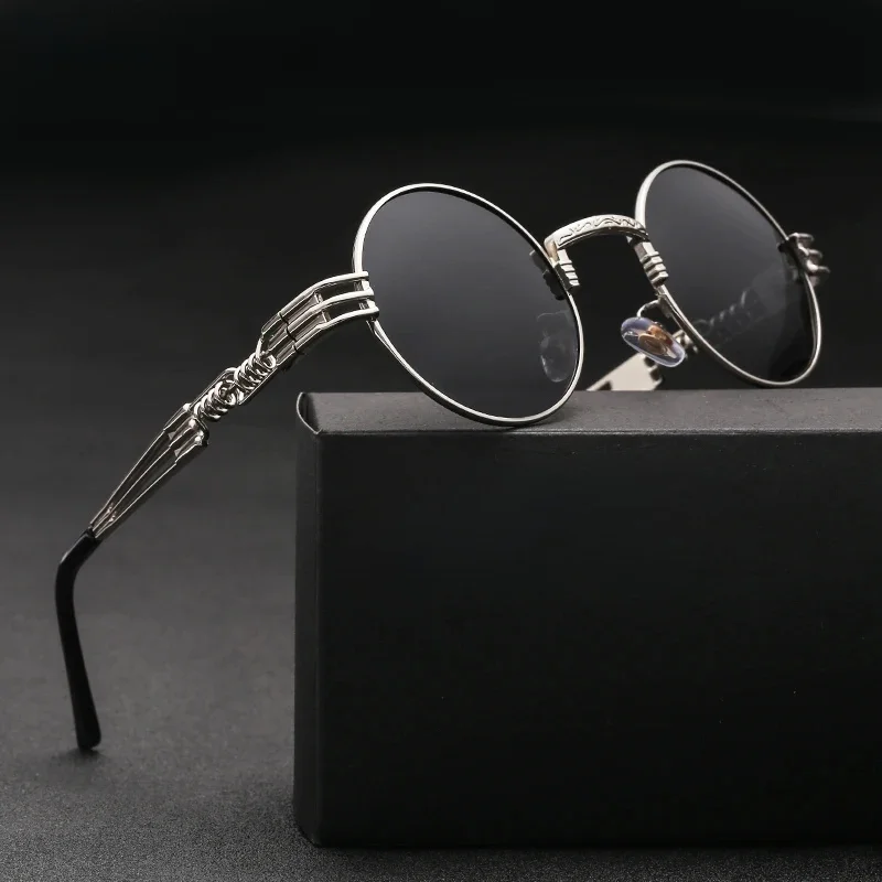 Spolaryzowane gotyckie okulary przeciwsłoneczne w stylu Steampunk mężczyźni kobiety moda marka projektant Vintage okrągłe odcienie metalowa rama okulary óculos — zdjęcie 2