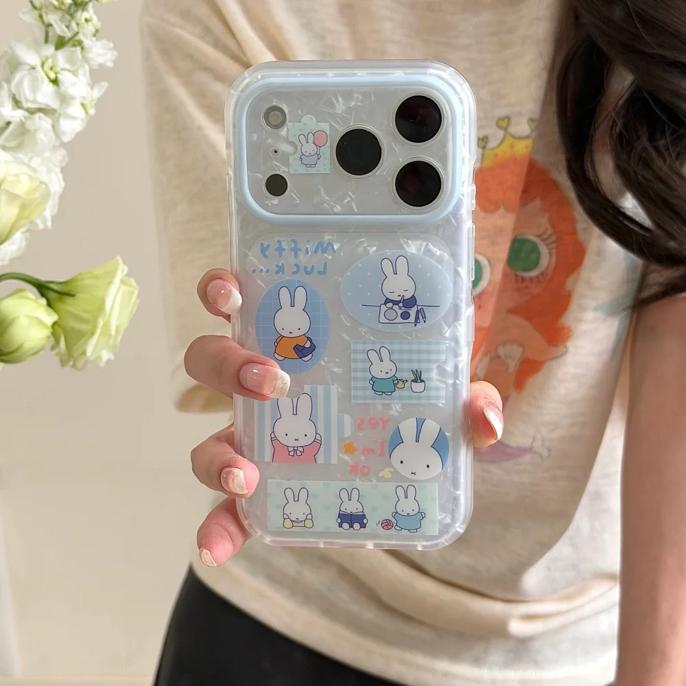 Kawaii Miffy Rabbit Sticker Printed Shell Pattern Phone Case for iPhone 17Pro 16 Max 15 16 17 Pro Max 15Pro Cute Shockproof Case