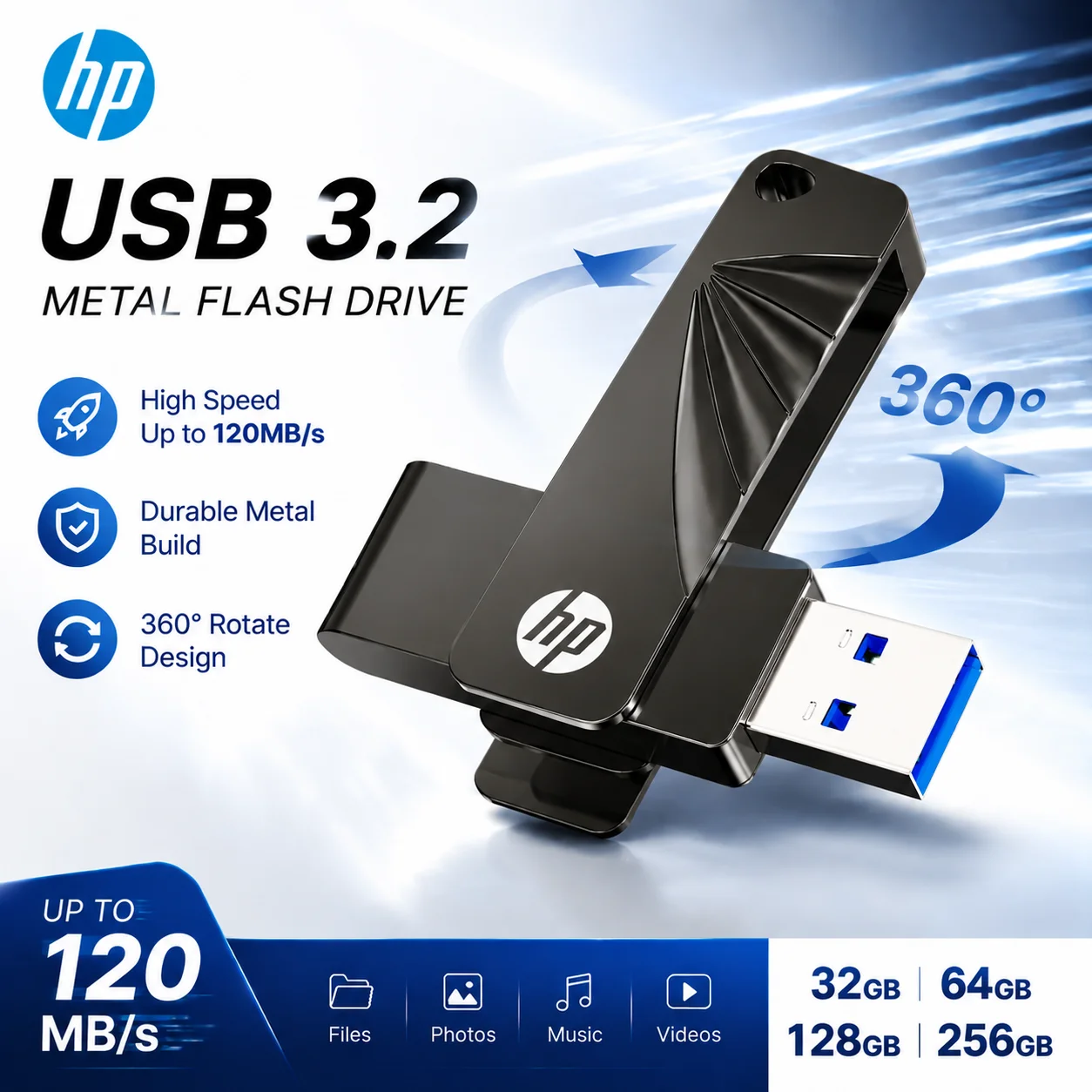 HP 762W USB 3.2 Metal Flash Drive 32GB 64GB 128GB 256GB Rotating Swivel USB Stick High Speed Pen Drive for PC Laptop